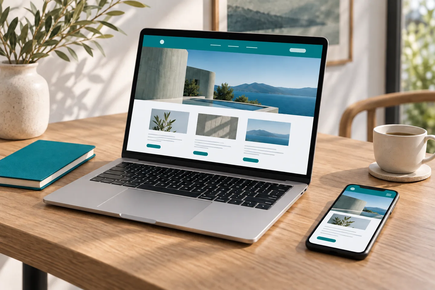 AI-created desk scene with a laptop and phone displaying a consistent website across devices.
